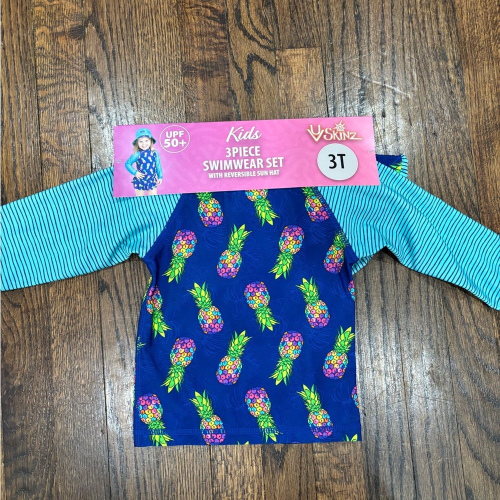UVskinz Girls pineapple 3 piece swimwear set with reversible sun hat